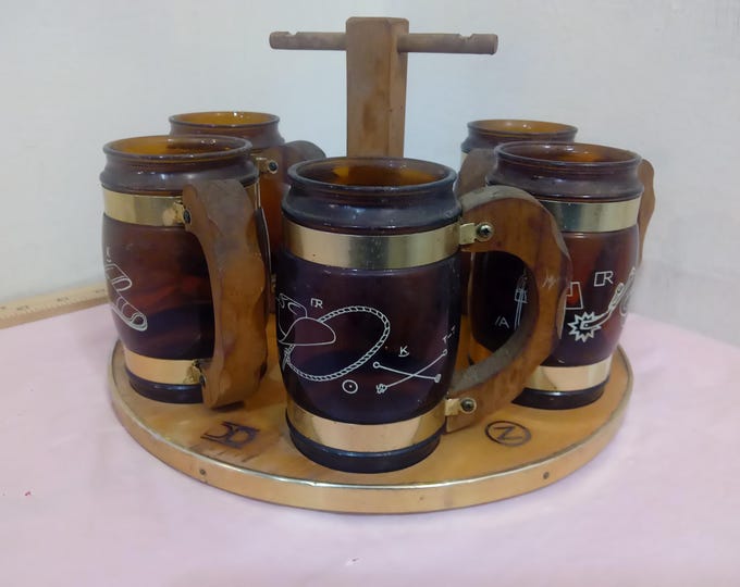 Vintage Barware Glasses and Holder, Siesta Ware Bar Glasses with Wooden Tray Holder, 1960's