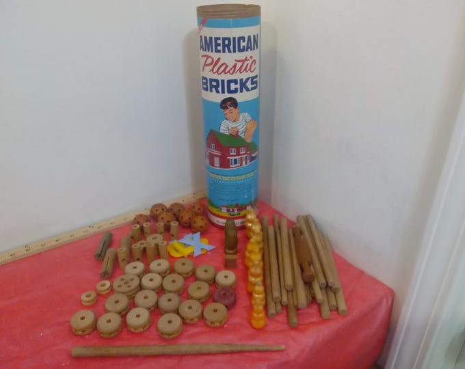 Vintage Building Toy Pieces, American Plastic Bricks by Halsam and Wooden Building Pieces, Empty Tube with Lid by Halsam