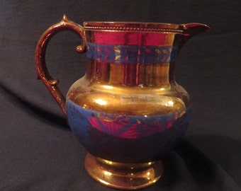 Vintage Pitcher, Ceramic Pitcher Gold and Blue with Leaf Pattern