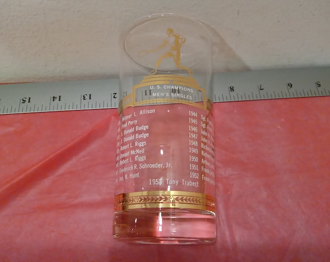 Vintage Collector Glass, U.S. Champions Men's Singles Drinking Glass, Gold and White, 1950's#