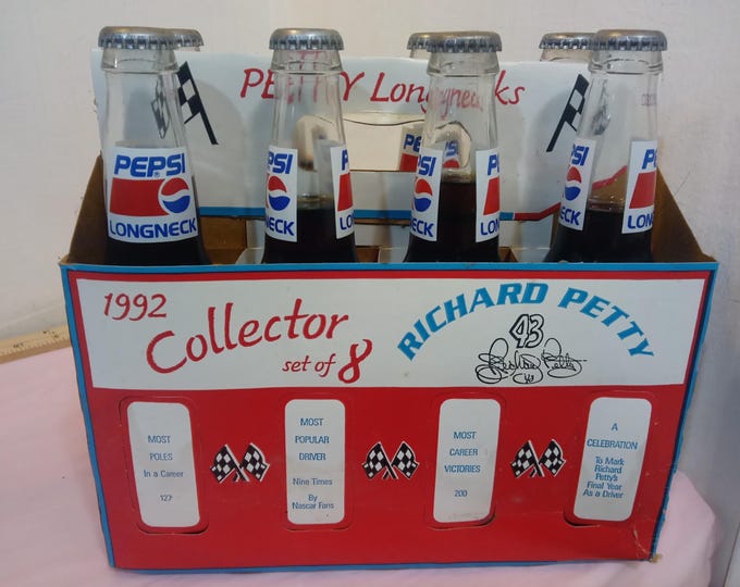 Vintage Soda Bottles and Cardboard Carriers, Pepsi Longnecks in Cardboard Carrier, Richard Petty 4-pack 1991 or 8 Pack 1992
