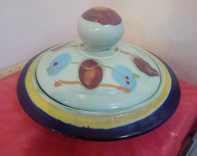 Vintage Large Serving Bowl, North Carolina Pottery Large Serving Bowl with Lid, Blue Bottom Decorative Lid