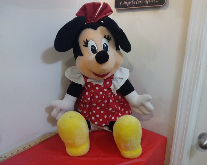 Vintage Plush Doll, Disney's Minnie Mouse, Extra Large Sitting Minnie Mouse Doll with Red Bow from Disneyland or Disney World