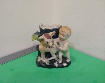 Vintage Porcelain Vase, Cupid and Bambi Vase Near Tree Stump, 1950's
