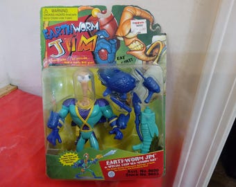 Vintage Action Figures, Earthworm Jim Figures with Spring Loaded Action by Playmates, 1994