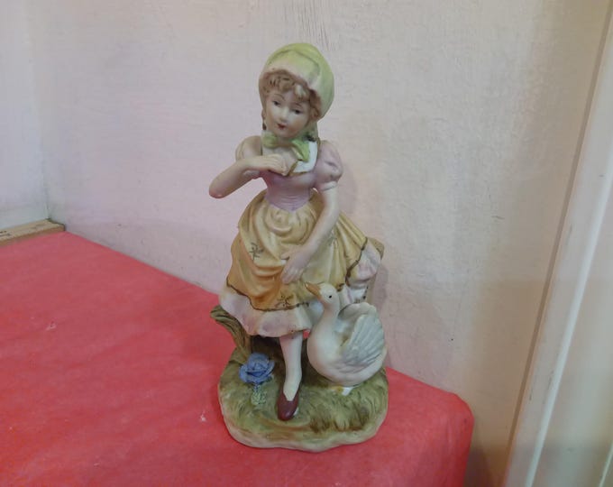 Vintage Ceramic Figurines, Girl or Boy in Bonnet or Hat with Goose and Tree Stump made in Tawain/Japan, Kimco, 1960's