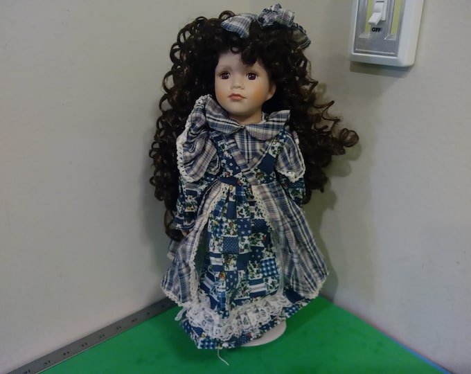 Vintage Porcelain Doll 16", Blue Flower Dress