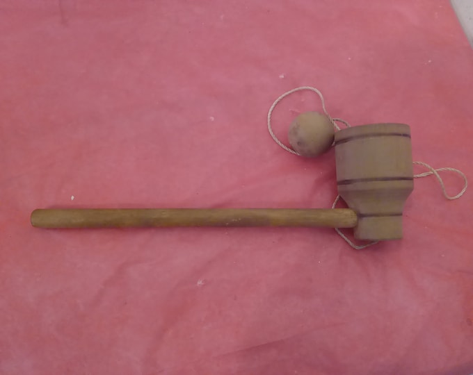 Vintage Wooden Ball and Cup Toy, Handmade Heavy Duty Wooden Stick with Cup and Ball Toy