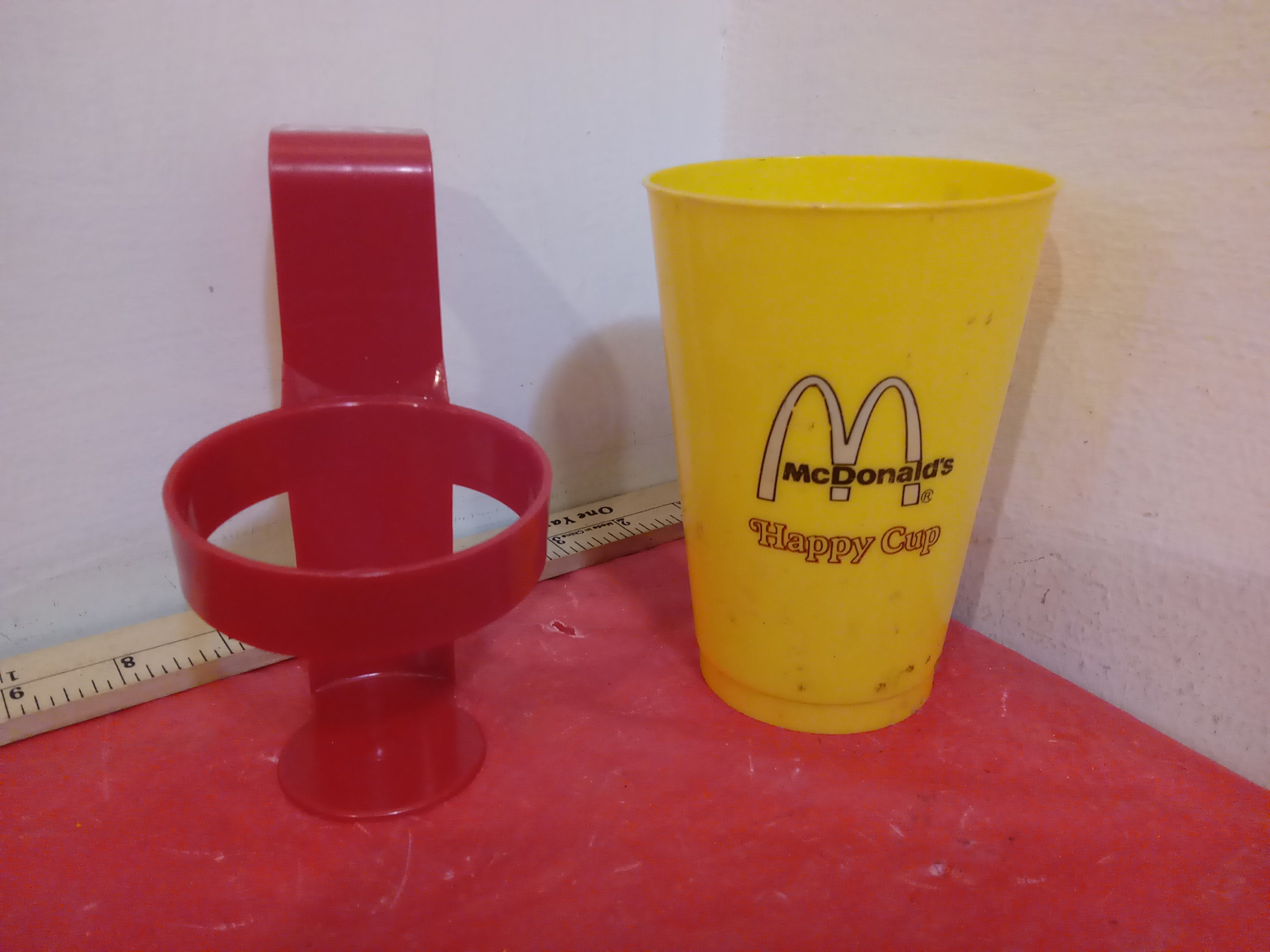 Vintage Plastic McDonald's Red Cup Holder and Plastic Yellow Happy Day