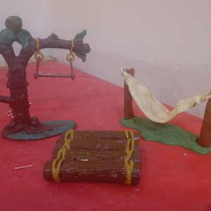 Vintage Plastic Furniture, Smurf Furniture by Peyo and made by Schleigh, Tree with Hand Swing, Hammock, and Raft, 1980&#39;s#