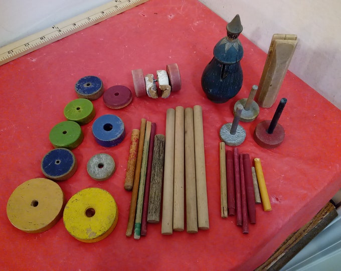 Vintage Children's Building Toy Pieces, Wooden Wheels, Rods, and Other Pieces#