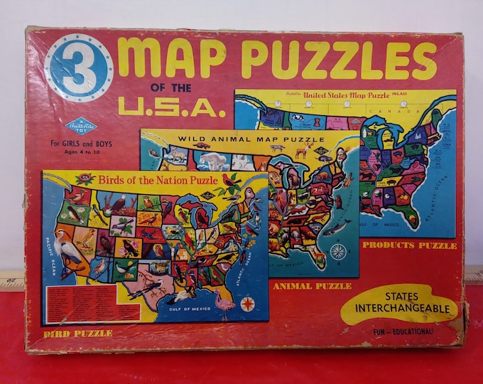 Vintage Jigsaw Puzzle, Three Tray Map Puzzles of the U.S.A. by Warren Paper Products, 1950's