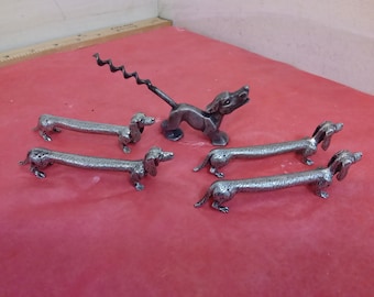 Vintage Metal Figurines and Decor, Daschund Napkin Weights and Bottle Opener, Cowboy, Bonnet Child, Rooster, Horse, and Snow Village Mailbox