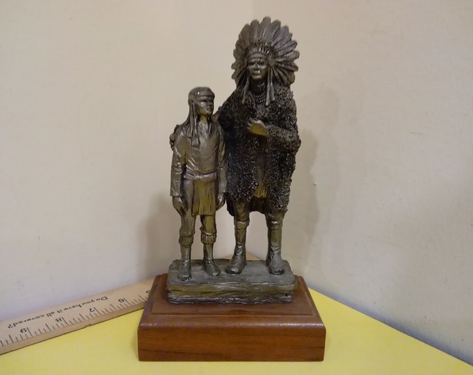 Vintage Michael Ricker Pewter Sculpture, Native American Indian Chief and Son, 1983