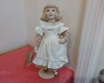 Vintage Porcelain Doll, Polka Dot with White Apron Porcelain Doll from Franklin Heirloom Dolls, 1985