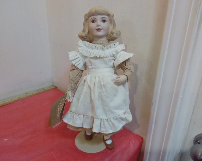 Vintage Porcelain Doll, Polka Dot with White Apron Porcelain Doll from Franklin Heirloom Dolls, 1985