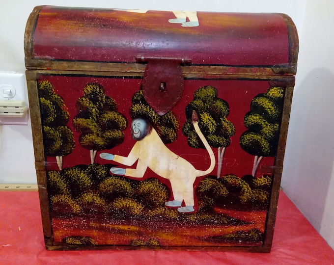 Vintage Storage or Toy Chest, Decorative Chest with Hand Painted Monkeys, Wood and Metal Chest, Made in India#