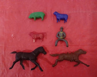 Vintage Plastic Animals and Horses, One Cavalry Guy, Two Horses and Sheep, One Pig, 1970's#p
