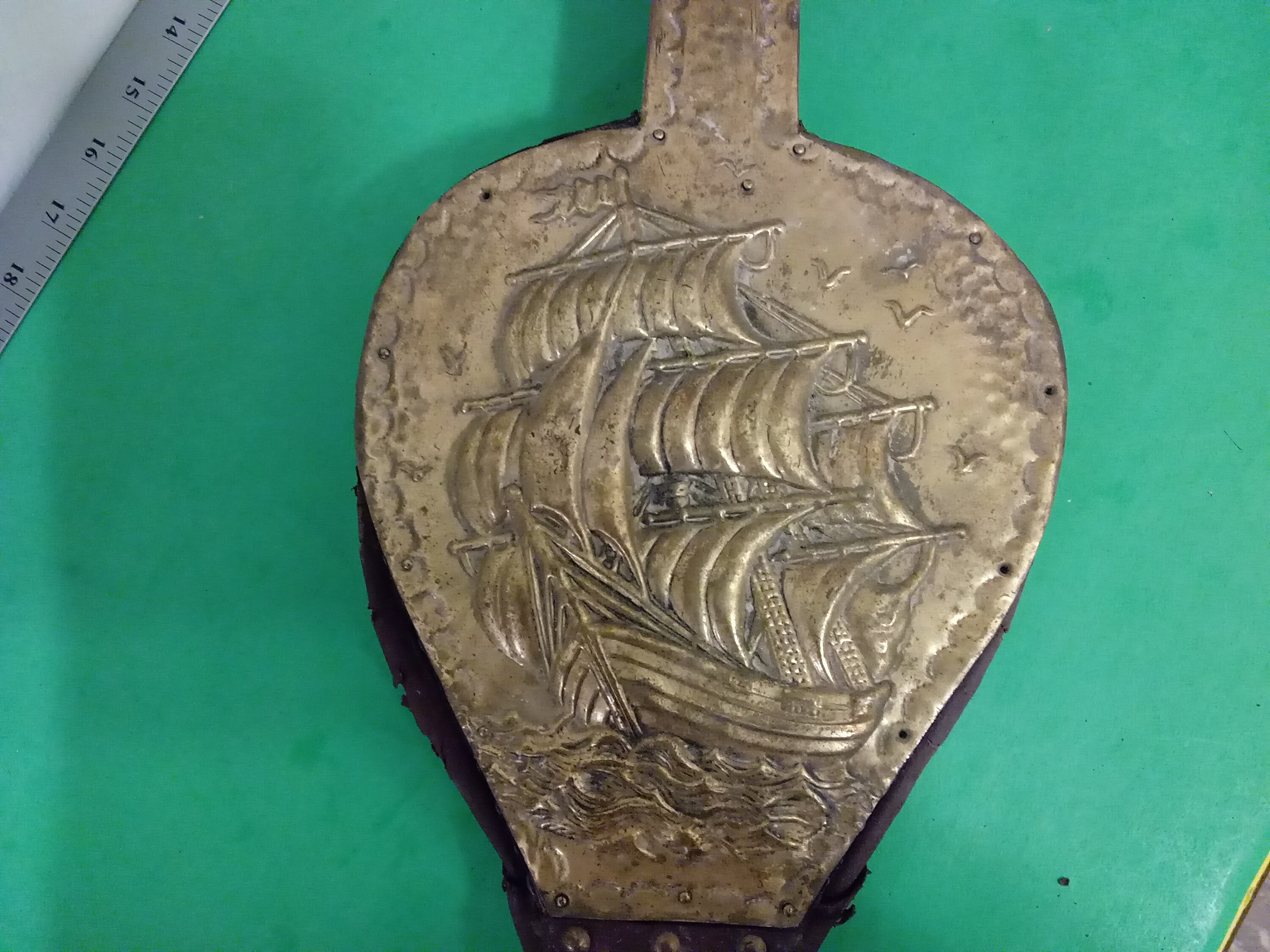 Vintage Fireplace Bellows with Ship Design, Leather and Copper, 1920's