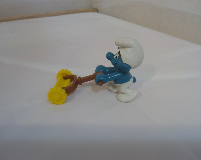 Vintage Pretend Play Toys, Smurf Mowing and Smurf on Stick Horse, 1980's#