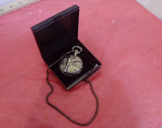 Vintage Pocket Watch, Gold Toned Brass Fly Fisherman Antimagnetic Pocket Watch by Lucerne with Chain, 1990's