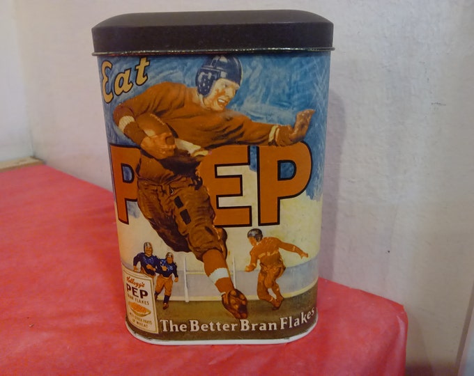 Vintage Cereal Tin Container, Kellogg's PEP Cereal Tin, Eat PEP "The Better Bran Flakes" Tin, 1984#p