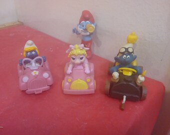 Vintage Pretend Play Toys, Two Smurf Vehicles and Baby Miss Piggy Vehicle, One Tall Smurf with Telescope from McDonald's, 1980's#