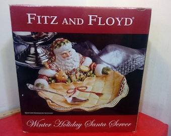 Vintage Christmas Serving Dish, Fitz and Floyd "Winter Holiday Santa Server" Dish
