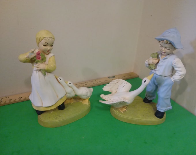 Vintage Porcelain or Ceramic Figurines, Boy and Girl with Goose and Geese, 1969*a