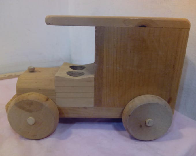 Vintage Wooden Toys, Bank Delivery Truck, School bus, Rolling Pin, Rake or Hoe, Vehicles by Different Drummer