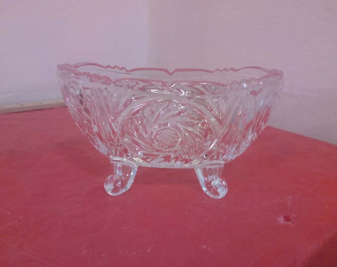 Vintage Candy Dish, Four Footed Clear Glass Candy Dish with Diamond Sunburst Pattern