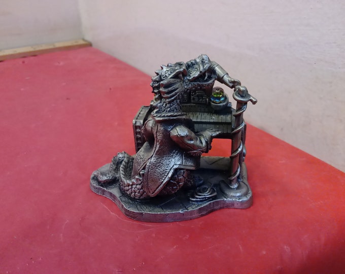 Vintage Pewter Figurine, Myth and Magic Collection, Dragon Playing Piano by Tudor Mint, Mark Locker Numbered and Signed