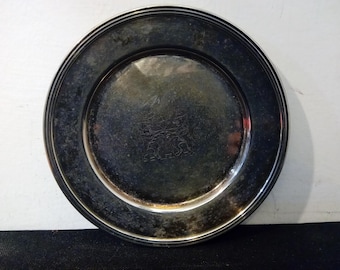 Vintage Silver Plate on Copper Bread or Dessert Plate, Rampant Lions Facing Each other with Crowns over Heads