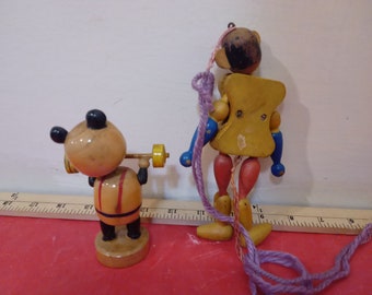 Vintage Figurine and Toy, Wooden Panda Lifting Weight Bobblehead and Monkey Pull String Toy#
