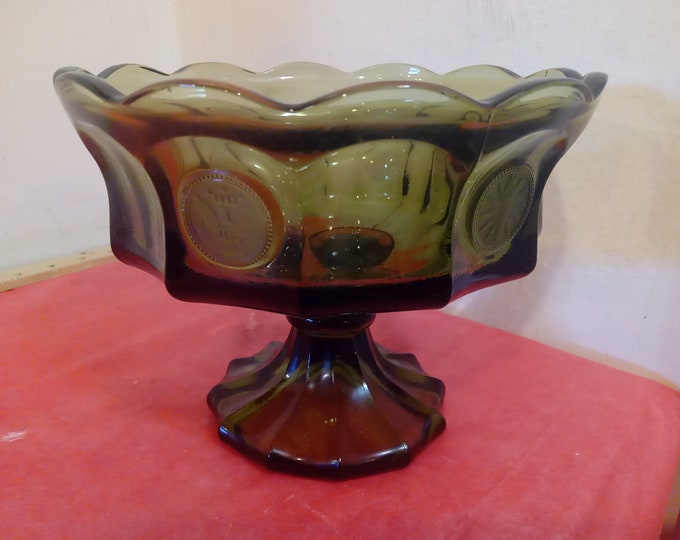 Vintage Fruit Bowl, Fostoria Compote Glass Green Bowl, Vintage Olive Green Pedestal Bowl, 1887 Eagle & Star Design