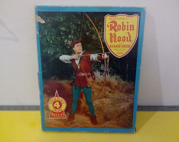 Vintage Sta-n-Place Inlaid Puzzles, The Adventures of Robin Hood with Richard Greene, 1956#