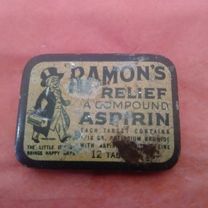 Vintage Aspirin Dose, Ramon&#39;s Relief Verbindung Aspirin Dose mit Broschüre, 1930er Jahre