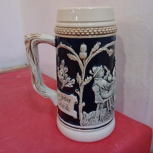 Vintage Stein, Beer Mug, Large Cup or Mug Size Stein with Men and Woman around table, Made in Western Germany