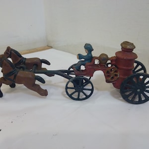 Vintage Cast Iron Toy, Cast Iron Fire Wagon with Rider, Pumper Wagon with Horses and Rider