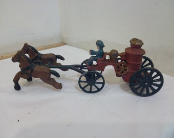 Vintage Cast Iron Toy, Cast Iron Fire Wagon with Rider, Pumper Wagon with Horses and Rider