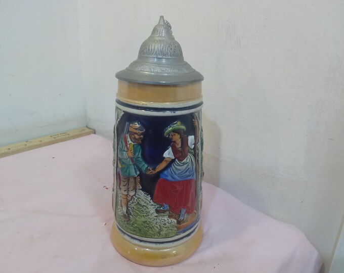 Vintage Beer Steins, Blue and White with Lions and Shield, Couple Walking, Dancing Couple, and Beer Drinking Tavern