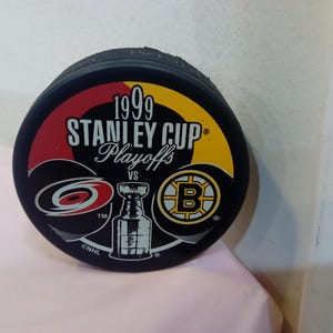 Vintage Hockey Puck, Stanley Cup Souvenir Hockey Puck from Hurricanes vs. Bruins, Made in Slovakia, 1999
