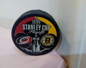 Vintage Hockey Puck, Stanley Cup Souvenir Hockey Puck from Hurricanes vs. Bruins, Made in Slovakia, 1999