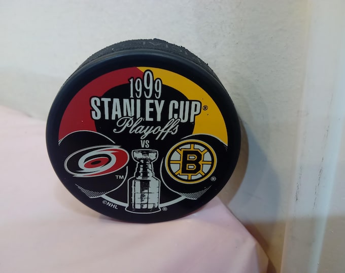 Vintage Hockey Puck, Stanley Cup Souvenir Hockey Puck from Hurricanes vs. Bruins, Made in Slovakia, 1999