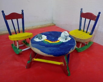 Vintage Dollhouse/Doll Furniture, Hand Painted Table/Chairs, Metal Baby Carriage, Grandfather Clock, Cabinets, and Other Items