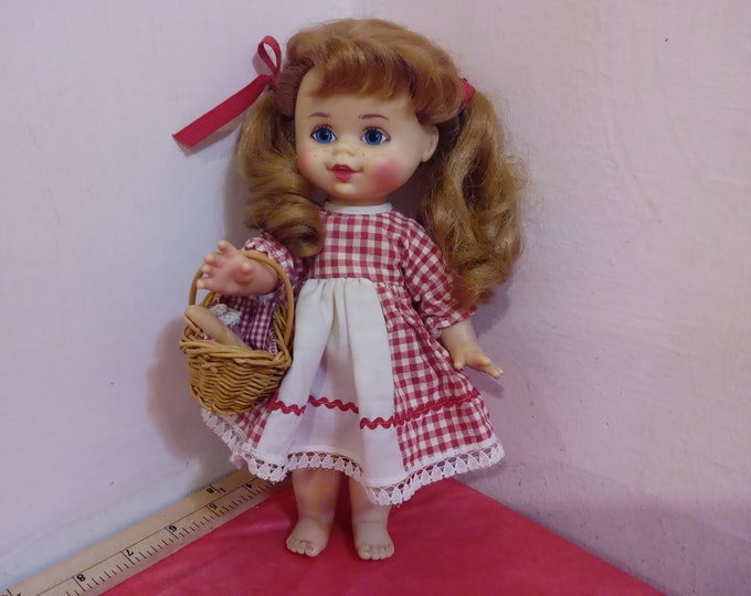 Vintage Rubber Doll, Baby Small Talk by Mattel, Red Braids, Basket and Red Plaid Dress, 1967