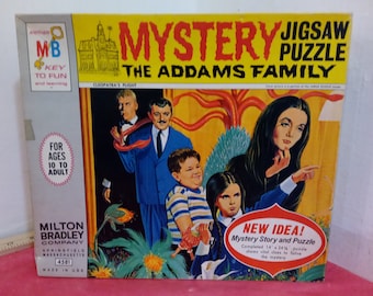 Vintage Jigsaw Puzzle, Mystery Jigsaw Puzzle "The Addams Family Cleopatra's Flight" by Milton Bradley, 1965#