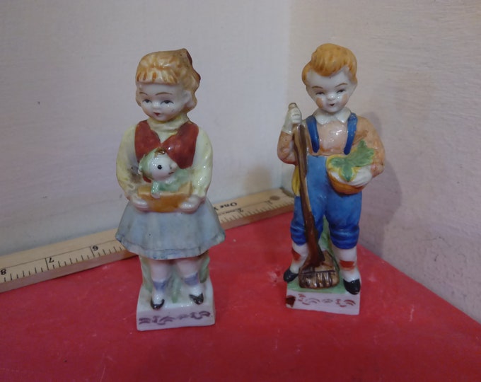 Vintage Ceramic Figurines, Boy and Girl Farmer Looking Figurines. Made in Japan, 1950's