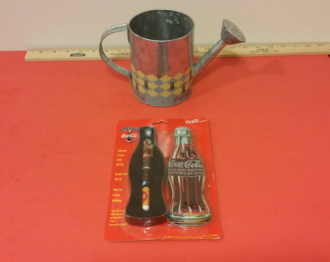 Vintage Coca-Cola Items, Ceramic Roller Ball Pen in Collector Tin and Watering Can