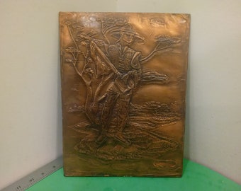 Vintage Oriental Copper Relief Wall Art Plaque Nature Scene Chinese Man Playing Instrument, 1950-1960's~